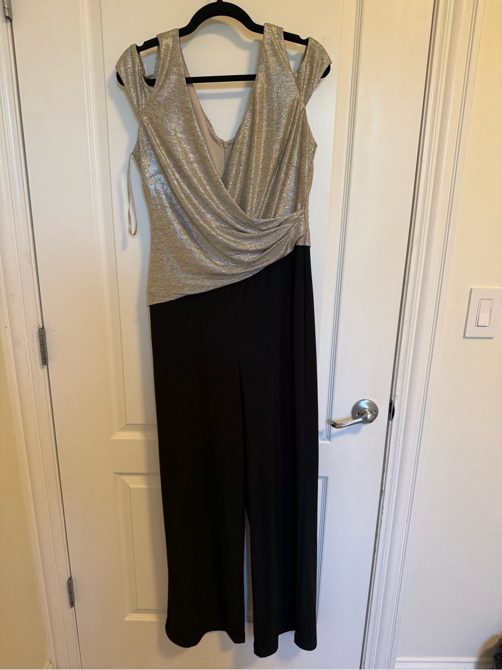 Metallic Silver & Black Draped Off the Shoulder Jumpsuit